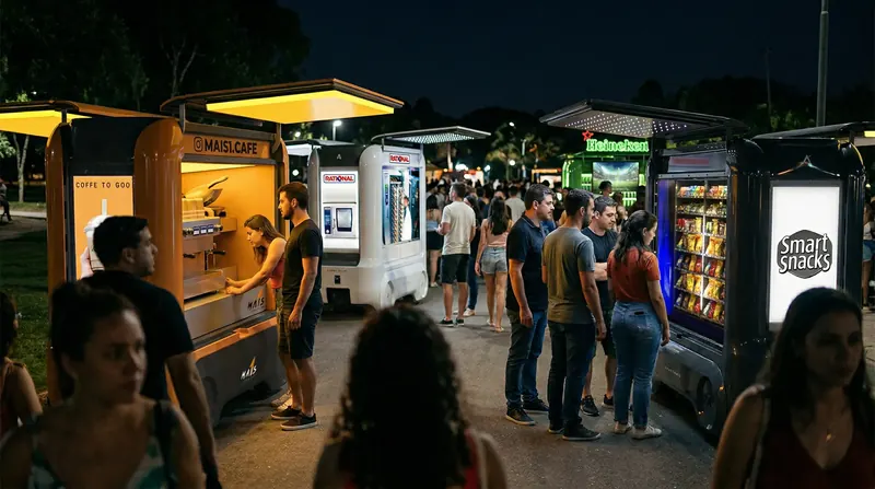 Quiosques móveis de café e snacks lado a lado atendendo público em evento noturno