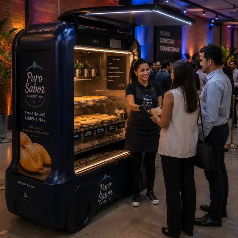 Atendente serve empanadas a convidados em quiosque móvel azul-escuro num evento corporativo