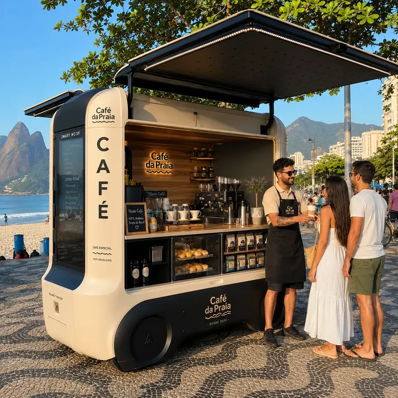 Atendente serve café a um casal em quiosque móvel na orla da praia
