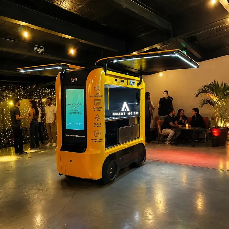 Unidade SmartMoov amarela com tela digital dentro de um bar